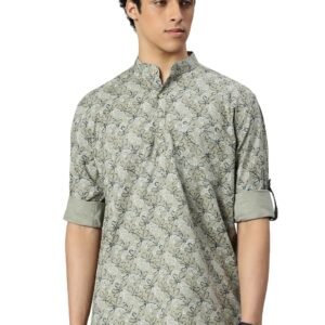 Men's Printed Mandarin-Collar Cotton Shirt